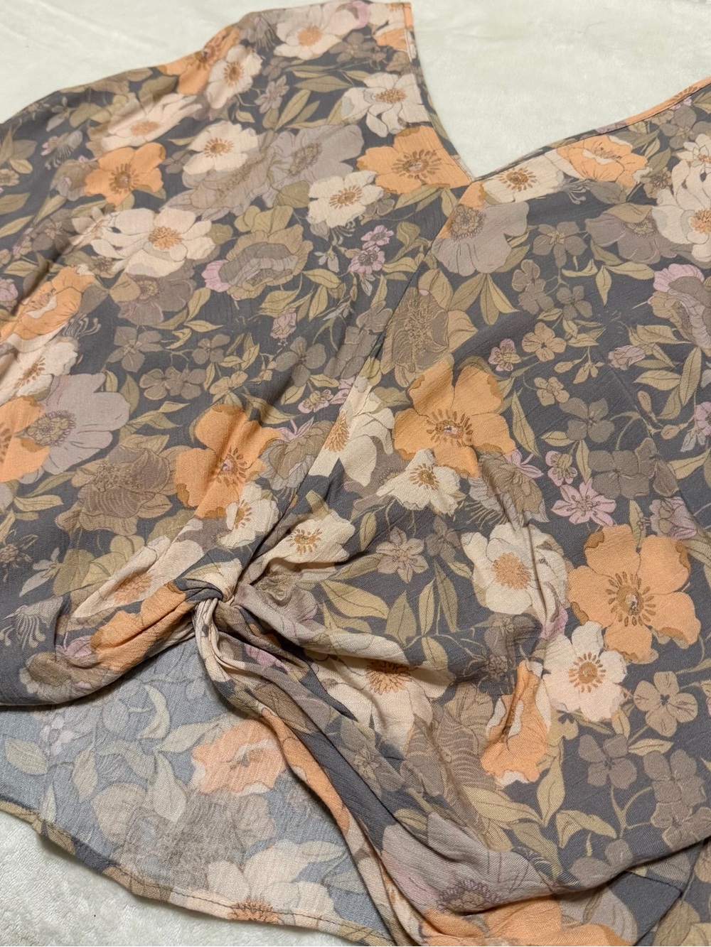 Floral Knot-Front Blouse - Wide Neck